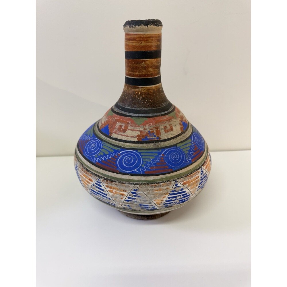 Vintage Mexican Folk Art Pottery Vase Hand Painted Geometric Spiral Design